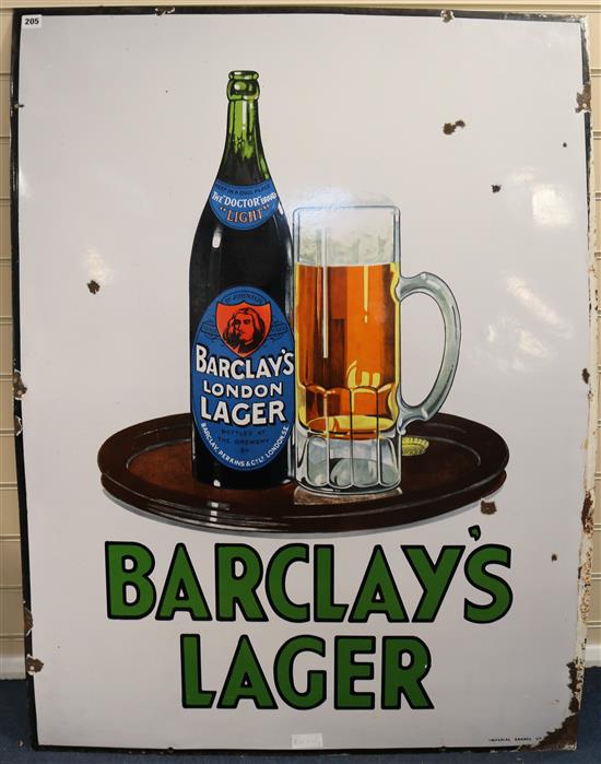 A large tin enamel advertising sign for Barclays Lager